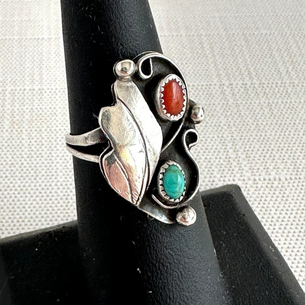 Native American Navajo Sterling Silver Turquoise and Coral Ring, Artist Signed
